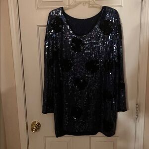 Sequin Long Sleeve Dress in Blue and Black